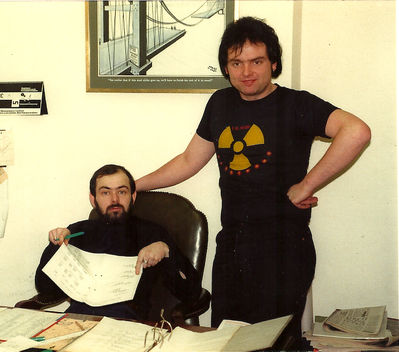 Mike Phillips, on the left in the Subs office with roadie Chutch, circa 1982, from the Nicky Garratt collection - click image to enlarge