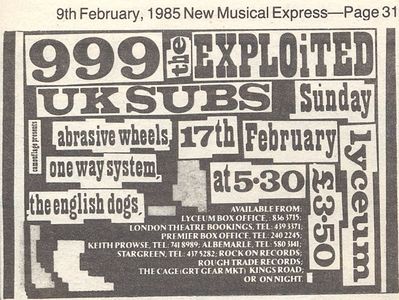 Gig advert, NME, 9th February 1985, page 31