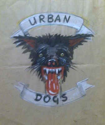 This is an old Urban Dogs T-shirt design, handpainted by Knox. Around a dozen were made - click image to enlarge